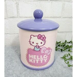 Hello Kitty Ceramic Cookie Jar Sanrio Treats Snacks Purple Pink Canister 7" Tall